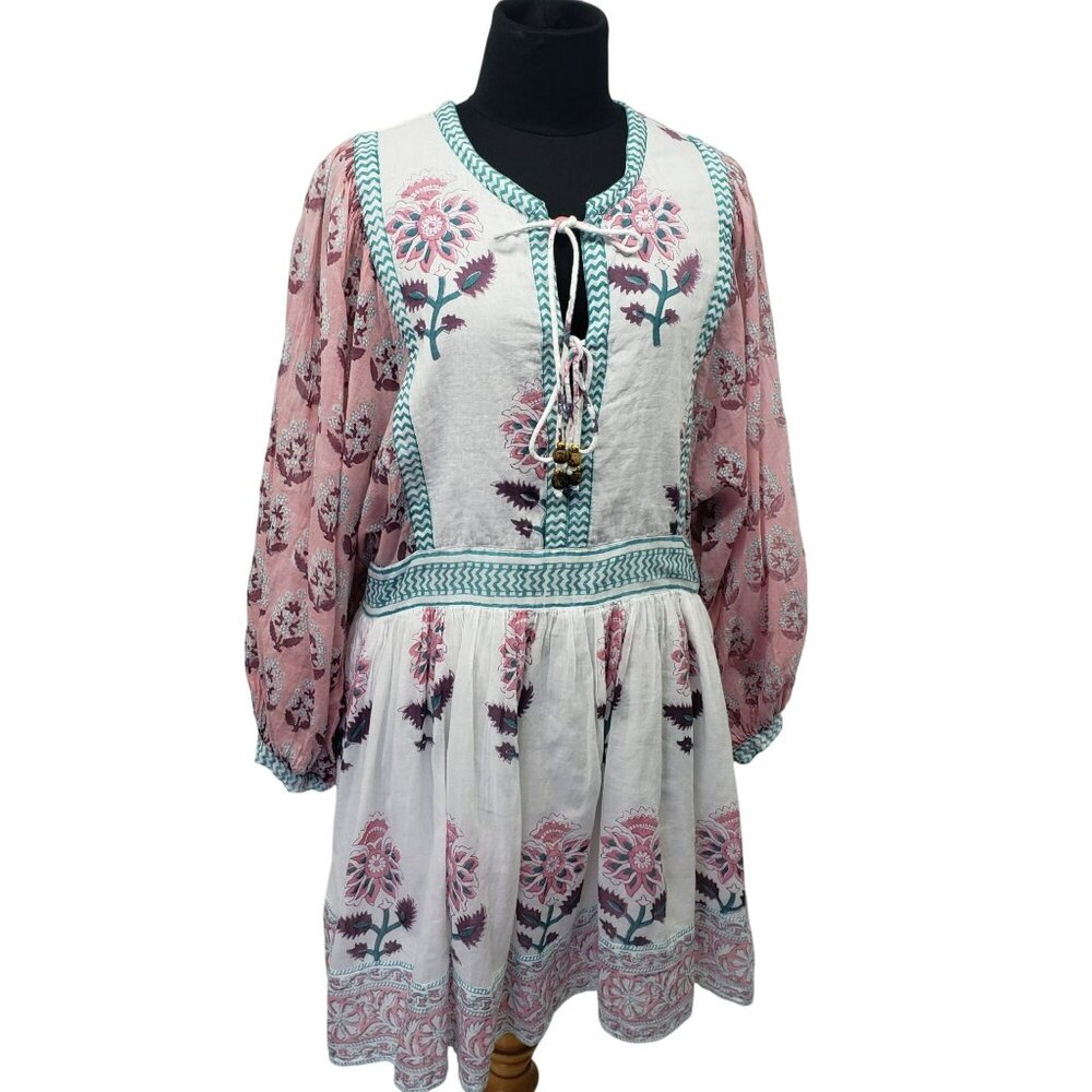 Oliphant Tie Front Balloon Sleeve Dress Pink Teal White Boho Block Print Floral - Picture 14 of 15
